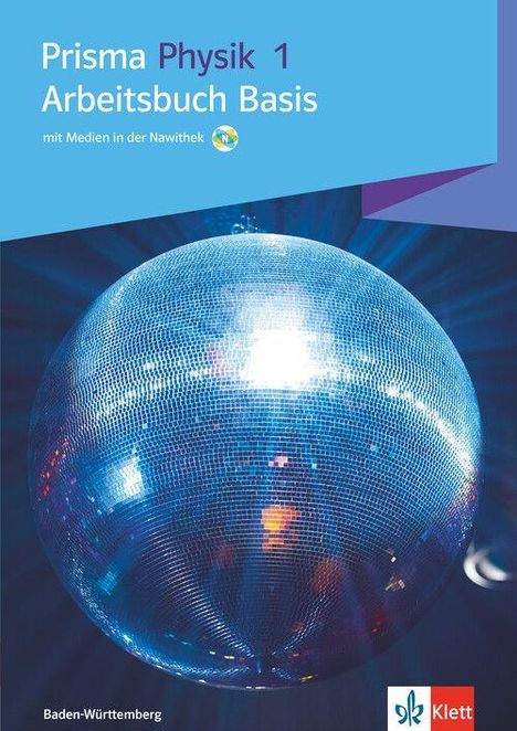 "Prisma Physik 1 Arbeitsbuch Basis", disco ball mit buntem Licht, "Klett" Logo, Blau- und Violetttöne im Design.