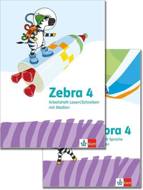 „Zebra 4. Arbeitsheft Lesen | Schreiben mit Medien.“ Ein Zebra-Astronaut auf einer Rakete, bunte Illustration.