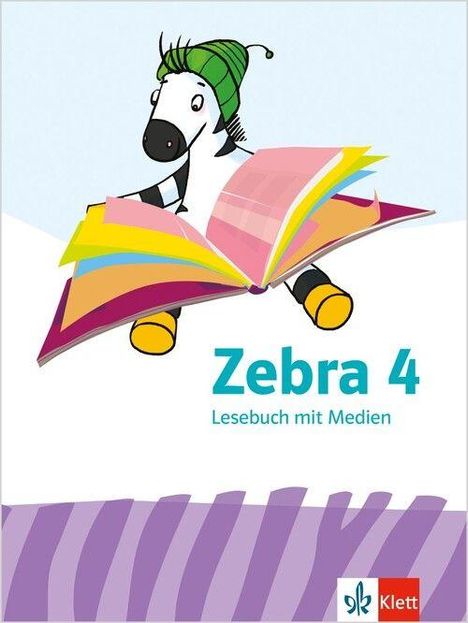 "Zebra 4: Lesebuch mit Medien". Illustration: Ein Zebra mit Mütze hält ein großes, buntes Buch.