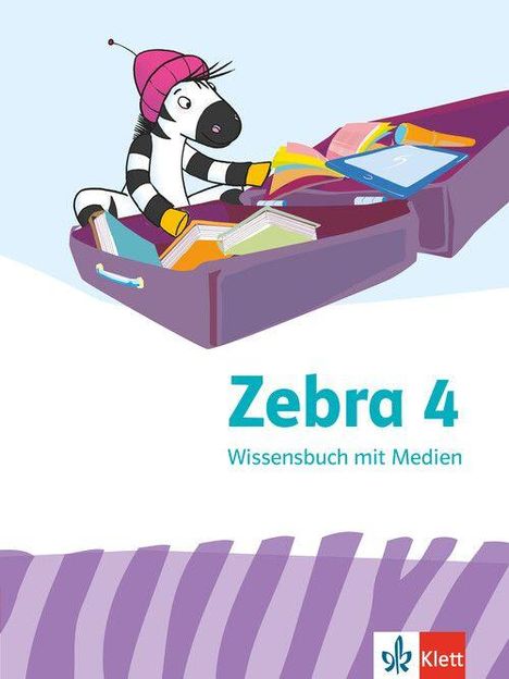 „Zebra 4“, „Wissensbuch mit Medien“. Illustration: Zebra im Schal sucht in einer Tasche mit Büchern. Klett-Logo unten.