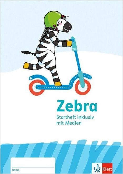 "Zebra, Startheft inklusiv mit Medien." Illustration: Ein Zebra mit grünem Helm auf einem blauen Roller. Unten rechts ein Logo.