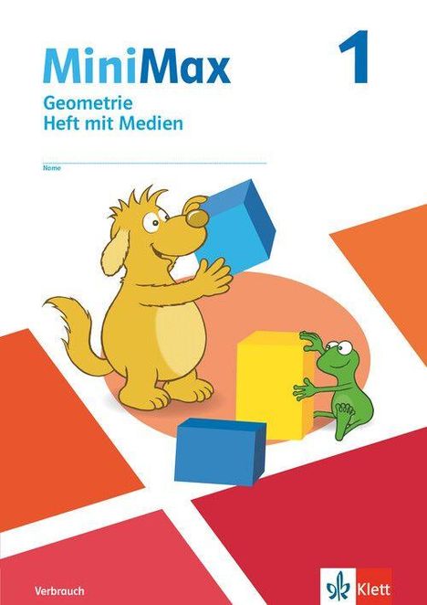 "MiniMax Geometrie Heft mit Medien" und "1" sind die prominenten Texte. Ein gelbes Tier und ein grüner Frosch mit Würfeln. Logo unten.
