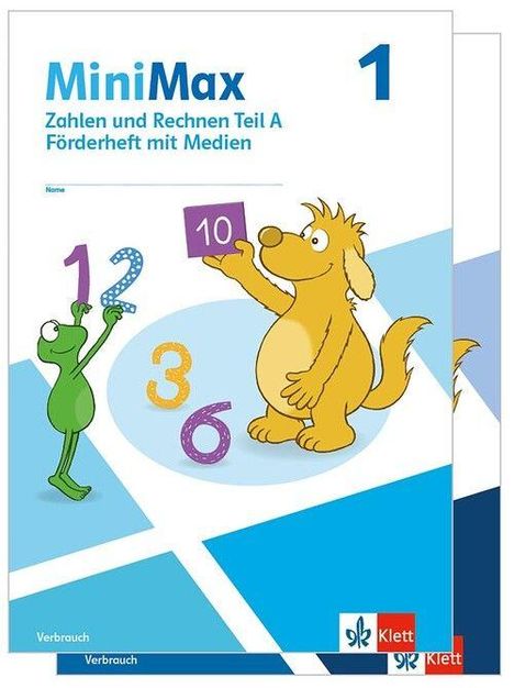 MiniMax, Zahlen und Rechnen Teil A, Förderheft mit Medien. Ein Frosch und ein Hund halten Zahlen hoch, darunter das Klett Logo.