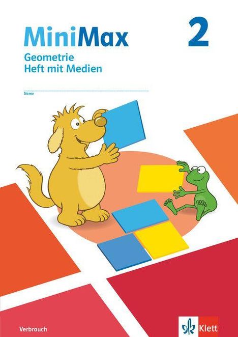 "MiniMax Geometrie Heft mit Medien 2". Ein fröhlicher gelber Hund und ein grüner Frosch spielen mit bunten Formen.