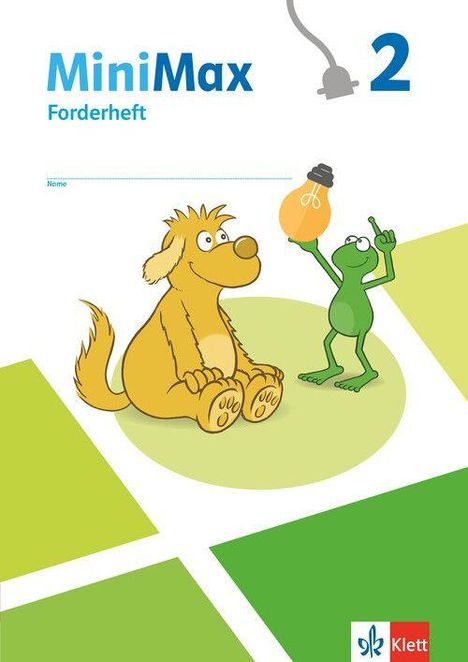 „MiniMax Forderheft 2“. Ein gelber Hund sitzt, ein grüner Frosch hält eine Glühbirne. Logo unten rechts.