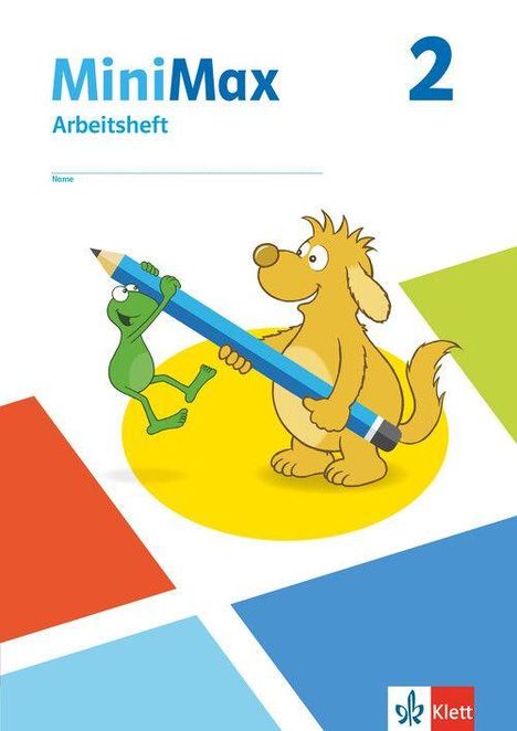 „MiniMax Arbeitsheft 2“ steht oben. Ein gelbes Tier hält zusammen mit einem grünen Wesen einen großen Bleistift.
