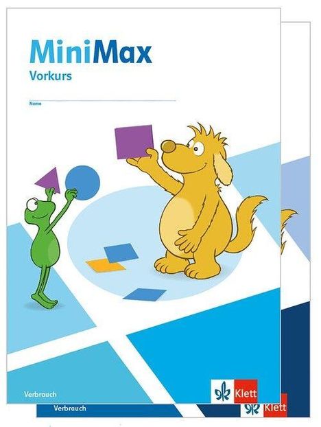 "MiniMax Vorkurs" steht oben. Zwei cartoonartige Figuren, ein gelbes Wesen und ein grüner Frosch, halten Formen hoch.