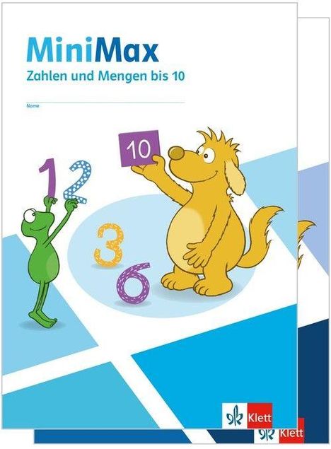 "MiniMax, Zahlen und Mengen bis 10." Fröhliche Illustration: Ein gelbes Tier hält eine "10", ein grüner Frosch zeigt auf "1-3".