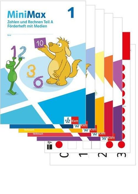 "MiniMax 1. Zahlen und Rechnen Teil A. Förderheft mit Medien." Illustration: Drache hält Würfel mit Zahl 10, Zahlen sind farbig.