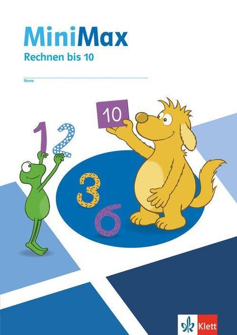 "MiniMax Rechnen bis 10". Ein grüner Frosch hält die Zahlen 1 und 2, ein gelber Hund die Zahl 10. Darunter eine 3 und 6.