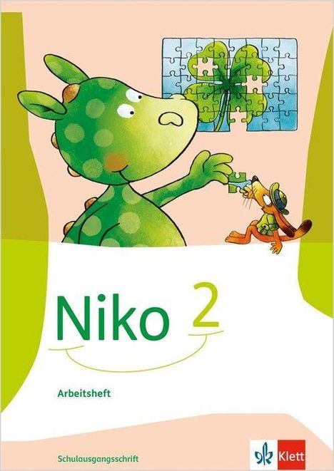 „Niko 2“, „Arbeitsheft“, „Schulausgangsschrift“, Logo unten rechts. Illustration: Dino fügt Puzzle mit Kleeblatt zusammen.