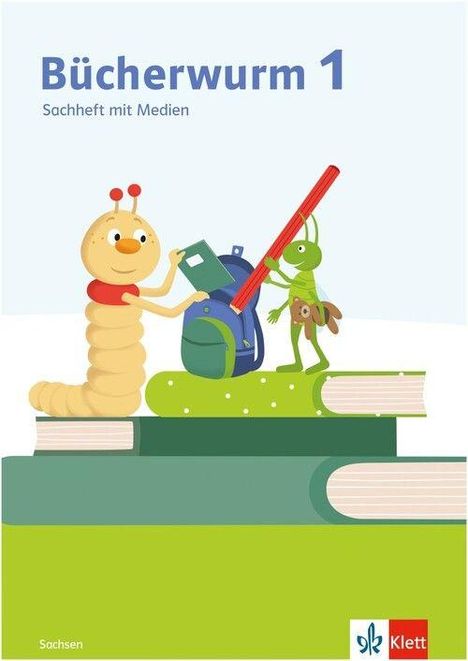 "Bücherwurm 1. Sachheft mit Medien. Sachsen." Eine Illustration mit einem Wurm, einem Grashüpfer und Büchern.