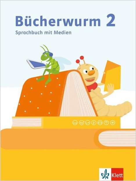 "Bücherwurm 2. Sprachbuch mit Medien." Ein Wurm liest auf einem großen Buch. Eine Heuschrecke hält ein Tablet. Logo unten rechts.