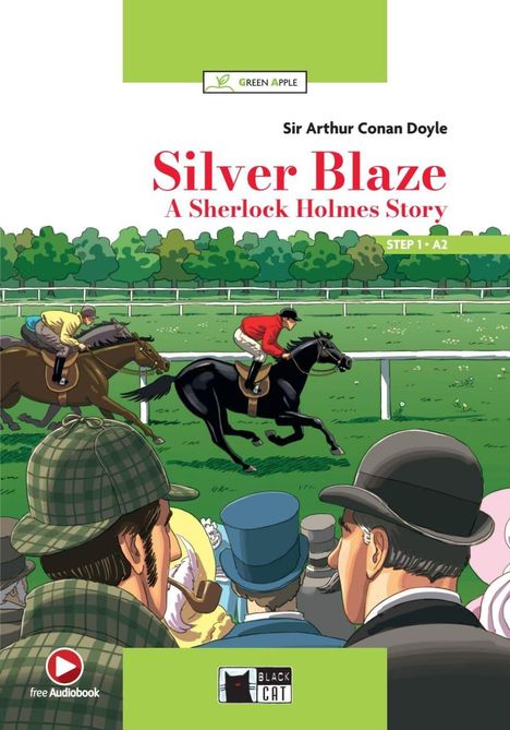„Silver Blaze: A Sherlock Holmes Story“. Zwei Reiter in Rennen. Zuschauer mit Hut bei Pferderennen.