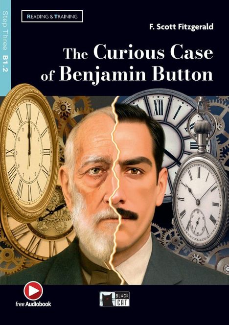 "The Curious Case of Benjamin Button" von F. Scott Fitzgerald. Eine Hälfte jung, die andere alt, umgeben von Uhren.