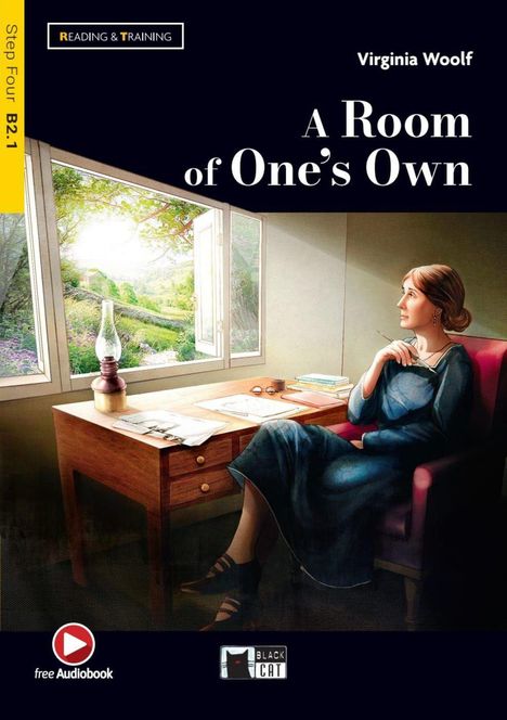 „A Room of One’s Own“ von Virginia Woolf. Illustration: Frau sitzt am Schreibtisch, Fenster mit Landschaft.