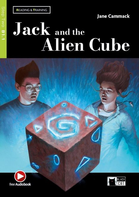 „Jack and the Alien Cube“, Jane Cammack. Zwei Personen staunen über einen leuchtenden Würfel mit blauen Symbolen.
