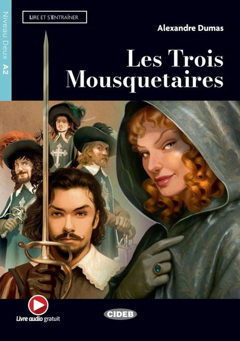 "Les Trois Mousquetaires", Alexandre Dumas. Gemälde mit neunzehntem Jahrhundert Kleider und Partitur der Musketiere.