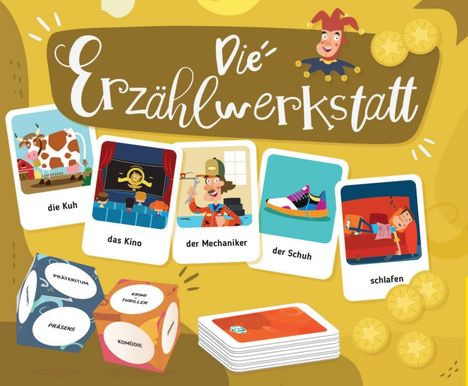 Die Erzählwerkstatt. 132 Karten, 2 Würfel, 60 Spielmarken, 1 Spielanleitung, Spiele