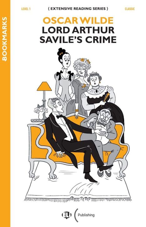 „LEVEL 1“, „OSCAR WILDE“, „LORD ARTHUR SAVILE’S CRIME“, Illustration: Personen in viktorianischer Kleidung auf Sofa.