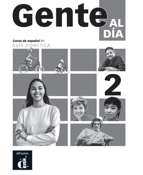 „Gente al Día“, „Curso de español B1“, „Guía didáctica“. Schwarz-Weiß-Porträts von Menschen.