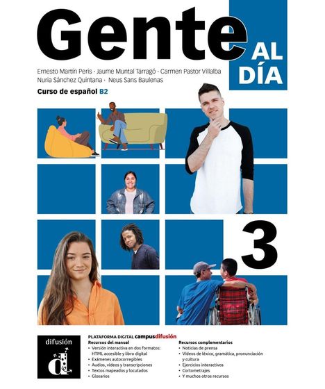 „Gente AL DÍA“, Kursbuch Spanisch B2. Fotos von verschiedenen Menschen auf blauem Hintergrund.