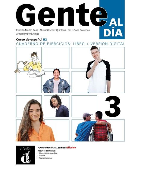 Text: Gente AL DÍA, Curso de español B2, Cuaderno de ejercicios: Libro + Versión Digital. Verschiedene Personenbilder.