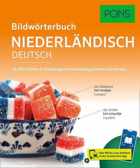 "Bildwörterbuch Niederländisch Deutsch. 16.000 Wörter. Süßigkeiten in blau-weißer Schale, Logo oben, App-Hinweis unten."