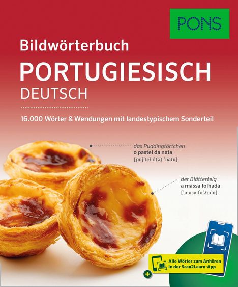 Titel: "Bildwörterbuch Portugiesisch-Deutsch". Drei Pastéis de Nata, Blätterteig beschrieben. PONS-Logo oben rechts.
