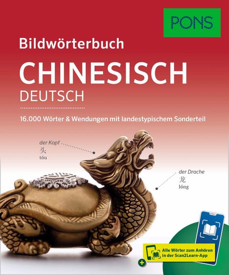 Der Text beschreibt ein Bildwörterbuch Chinesisch-Deutsch mit 16.000 Wörtern. Ein Drache ziert den Hintergrund.