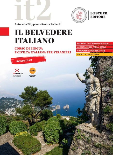 "IL BELVEDERE ITALIANO, CORSO DI LINGUA, CULTURA PER STRANIERI, LIVELLO C1-C2. Küstenpanorama mit antiker Statue."