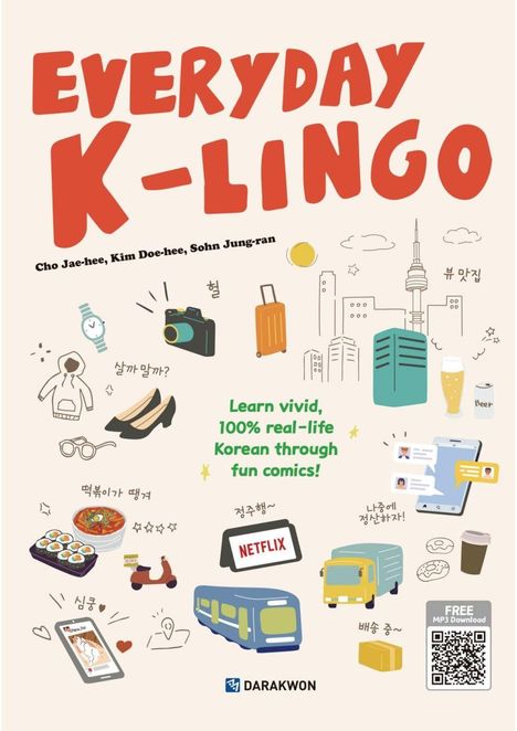 "EVERYDAY K-LINGO" in roter Schrift, koreanische Symbole, Essen, Gebäude, Transportmittel, Netflix-Logo, QR-Code unten.