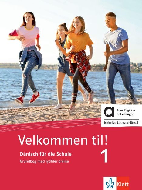 "Velkommen til! Dänisch für die Schule" steht groß auf einem roten Hintergrund. Vier Jugendliche laufen am Strand.
