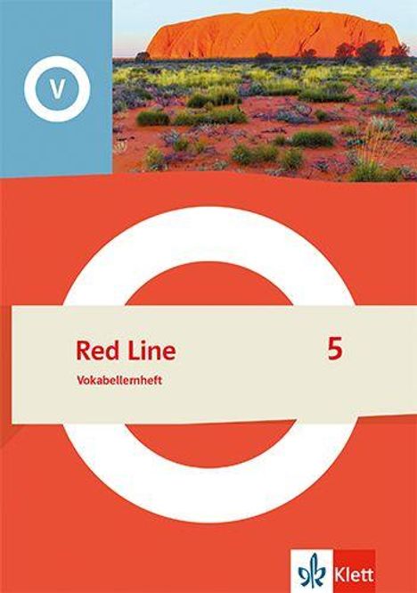 Red Line 5, Vokabelheft. Im Hintergrund Uluru, orangefarbener Felsen. Klett Logo unten rechts.