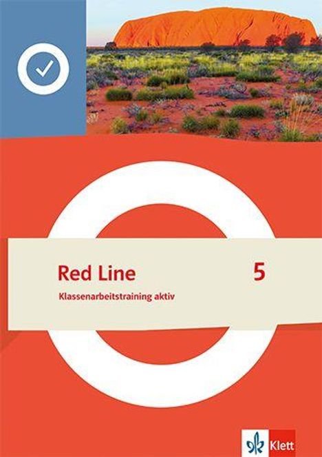 Text: "Red Line 5, Klassenarbeitstraining aktiv." Oben ein roter Felsen, unten Klett-Logo, geometrisches Design.