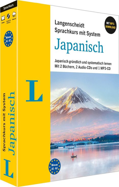 „Langenscheidt Sprachkurs mit System: Japanisch“. Gelbes Cover, Berglandschaft mit See im Hintergrund. Niveau A1-A2.