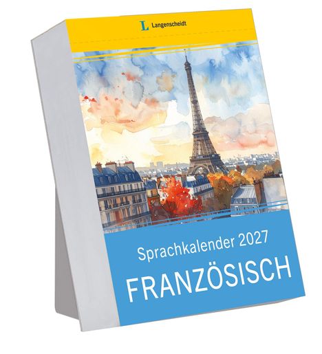 "Sprachkalender 2027 FRANZÖSISCH" steht auf einem blauen Abschnitt. Oberhalb davon befindet sich eine Illustration des Eiffelturms.