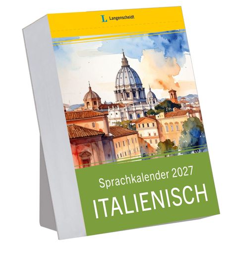 "Sprachkalender 2027 ITALIENISCH" in weiß auf grün. Oben ein gelber Balken mit "Langenscheidt". Illustration mit Stadtansicht.