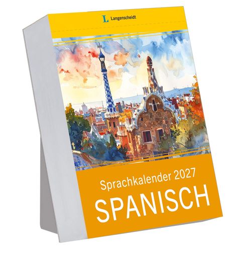 „Langenscheidt Sprachkalender 2027 Spanisch“ steht auf einem Kalendercover mit einer bunten Illustration einer Stadt.