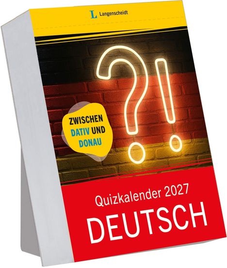 Oben "Langenscheidt", gelbes Logo. Mitte: "ZWISCHEN DATIV UND DONAU". Unten: "Quizkalender 2027 DEUTSCH".