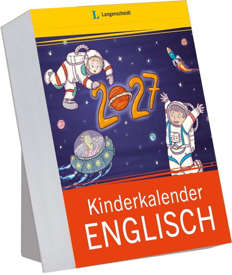 "2027" in einer Weltraumszene mit zwei Astronautenkindern, einem UFO und einem Raketenlogo. Text: "Kinderkalender ENGLISCH".