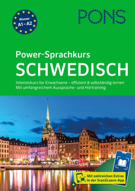 "Niveau A1–A2. Power-Sprachkurs Schwedisch. Abendliche Stadtszene mit beleuchteten Gebäuden, Scan2Learn-App Hinweis."