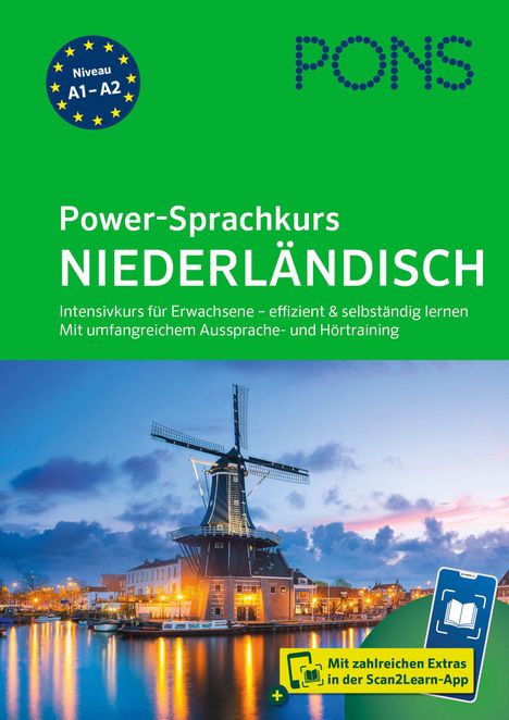**Power-Sprachkurs NIEDERLÄNDISCH**, Intensivkurs, Logo oben. Windmühle in beleuchteter Dorfkulisse.
