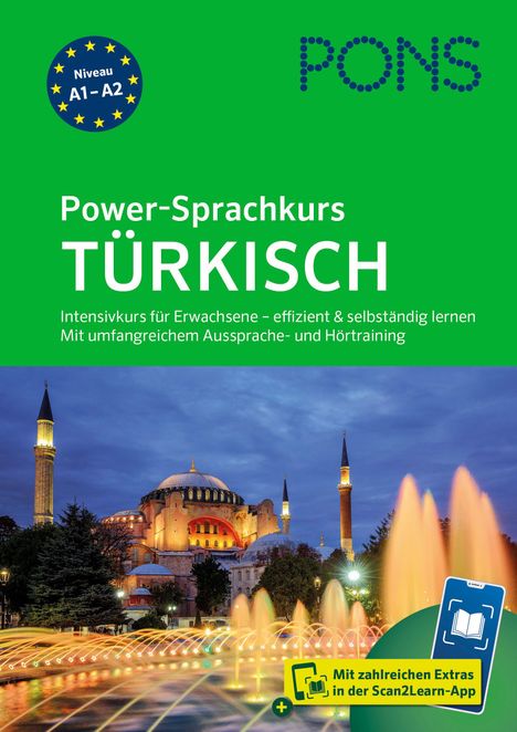 Das Cover zeigt den Text: "Power-Sprachkurs TÜRKISCH", mit einem großen Bild der Hagia Sophia und einem Wasserbrunnen darunter.