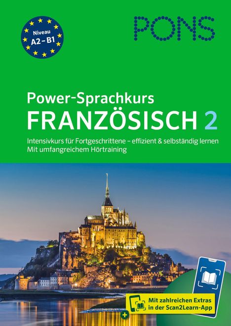 Text: "PONS", "Power-Sprachkurs FRANZÖSISCH 2", "Niveau A2-B1", "Intensivkurs für Fortgeschrittene", Bild von Mont Saint-Michel.