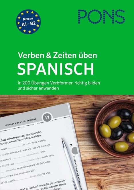 PONS Spanisch Buchcover, grüner Hintergrund, Texte zu Sprachübungen, darunter Olivenschale und geöffnete Buchseite.