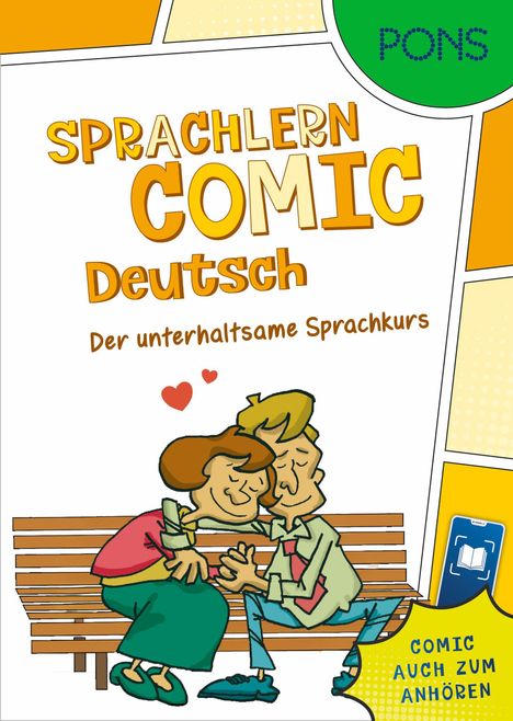 Text: "SPRACHLERN COMIC Deutsch. Der unterhaltsame Sprachkurs. COMIC AUCH ZUM ANHÖREN." Illustration: Ein Paar auf einer Bank.