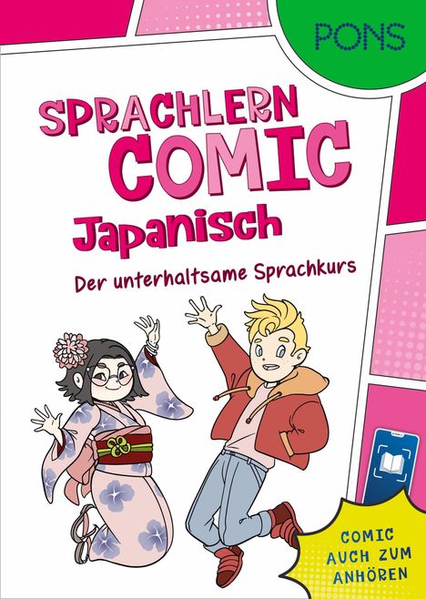 "SPrachlern Comic Japanisch" und "Der unterhaltsame Sprachkurs" auf pink. Zwei Figuren springen fröhlich.