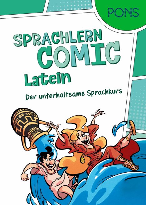 Text: „SPRACHLERN COMIC Latein. Der unterhaltsame Sprachkurs”. Zwei Figuren gleiten fröhlich auf einer Welle.