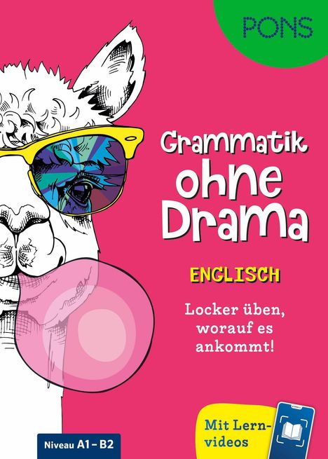 „Grammatik ohne Drama: Englisch. Locker üben, worauf es ankommt!“ Illustration: Lama mit Sonnenbrille und Kaugummi.